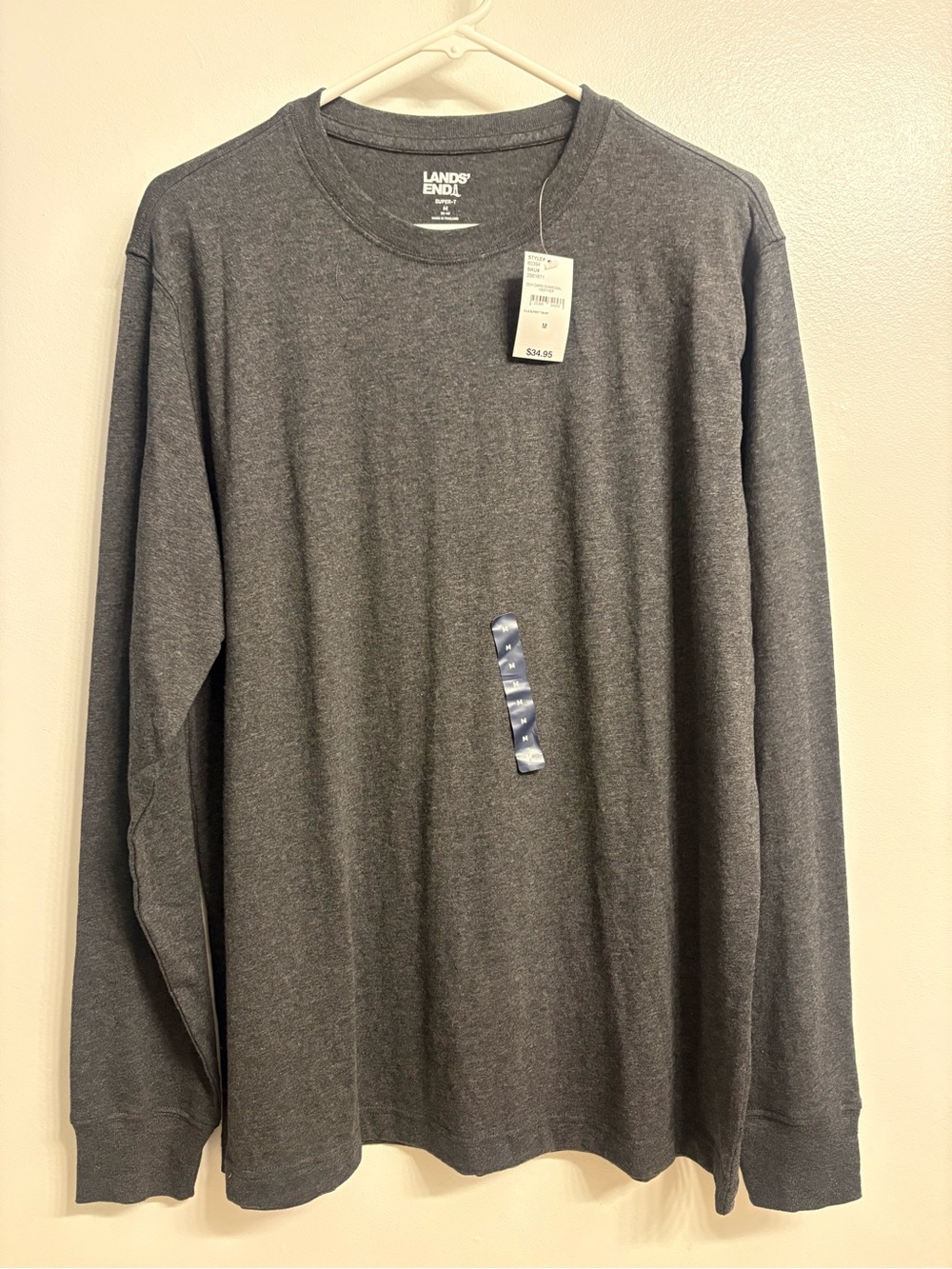 Lands' End Men's Long-Sleeved Crewneck Tee Sz M Heather Charcoal FREE SHIPPING